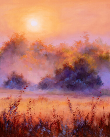 Painting titled "Misty crop fields a…" by Lucia Verdejo, Original Artwork, Oil Mounted on Wood Panel
