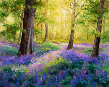 Painting titled "Bluebell flowers wo…" by Lucia Verdejo, Original Artwork, Oil Mounted on Wood Panel