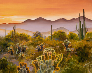 Pintura intitulada "Sunset in saguaro c…" por Lucia Verdejo, Obras de arte originais, Óleo Montado em Painel de madeira