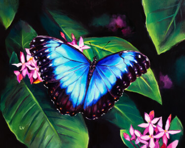 Painting titled "Blue butterfly and…" by Lucia Verdejo, Original Artwork, Oil Mounted on Wood Panel