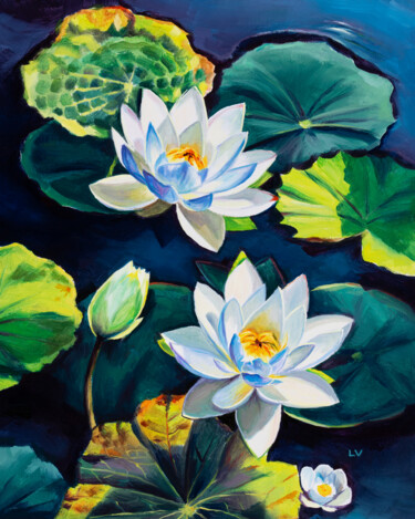 Pittura intitolato "White water lily fl…" da Lucia Verdejo, Opera d'arte originale, Olio Montato su Pannello di legno