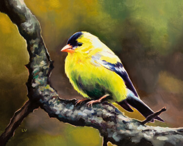 Peinture intitulée "Male yellow goldfin…" par Lucia Verdejo, Œuvre d'art originale, Huile Monté sur Panneau de bois