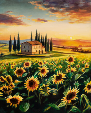 「Sunflower field lan…」というタイトルの絵画 Lucia Verdejoによって, オリジナルのアートワーク, オイル