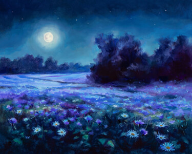 Картина под названием "Blue cornflower fie…" - Lucia Verdejo, Подлинное произведение искусства, Масло Установлен на Деревянн…