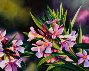 绘画 标题为“Pink oleander flowe…” 由Lucia Verdejo, 原创艺术品, 油 安装在木板上