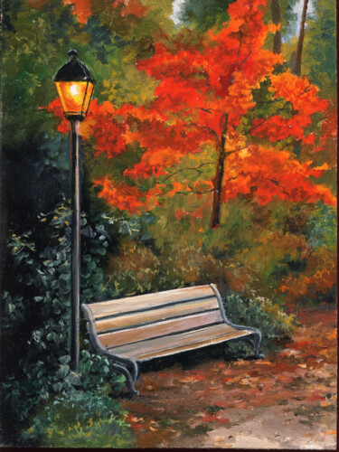 Painting titled "Bench and streetlig…" by Lucia Verdejo, Original Artwork, Oil Mounted on Wood Panel