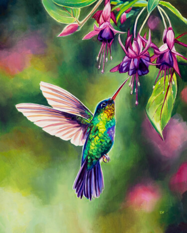 Schilderij getiteld "Hummingbird with fu…" door Lucia Verdejo, Origineel Kunstwerk, Olie Gemonteerd op Houten paneel