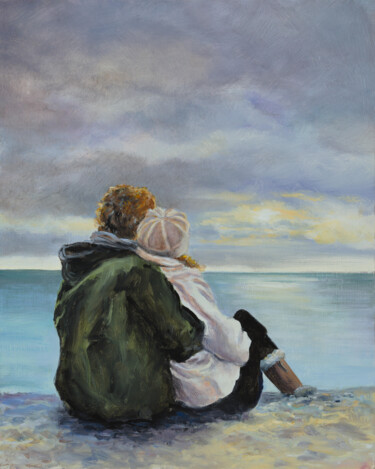Painting titled "Couple in a cloudy…" by Lucia Verdejo, Original Artwork, Oil Mounted on Wood Panel