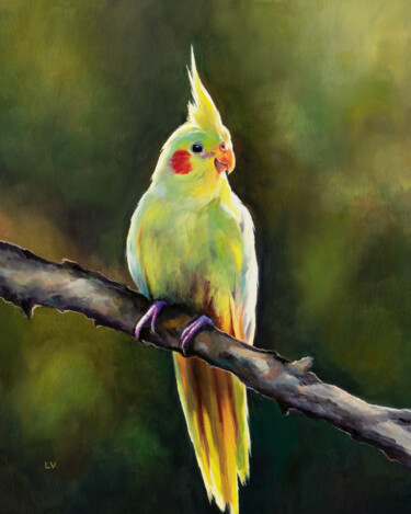 Painting titled "Yellow cockatiel on…" by Lucia Verdejo, Original Artwork, Oil Mounted on Wood Panel