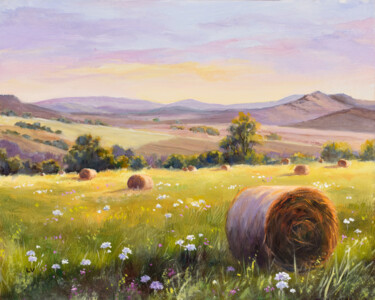 Painting titled "Hay bales in a fiel…" by Lucia Verdejo, Original Artwork, Oil Mounted on Wood Panel