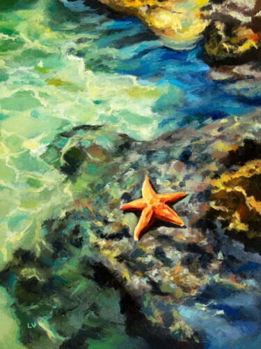 Ζωγραφική με τίτλο "Starfish on rocky s…" από Lucia Verdejo, Αυθεντικά έργα τέχνης, Λάδι Τοποθετήθηκε στο Ξύλινο πάνελ