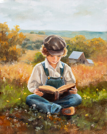 Schilderij getiteld "Farmer boy reading…" door Lucia Verdejo, Origineel Kunstwerk, Olie Gemonteerd op Houten paneel