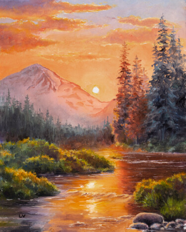 Painting titled "Mountain river in g…" by Lucia Verdejo, Original Artwork, Oil Mounted on Wood Panel
