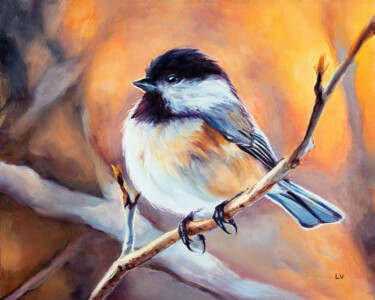 "Chickadee bird port…" başlıklı Tablo Lucia Verdejo tarafından, Orijinal sanat, Petrol Ahşap panel üzerine monte edilmiş