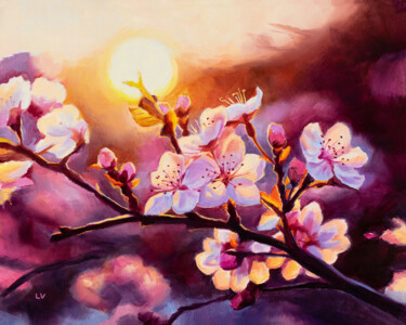 Painting titled "Pink cherry blossom…" by Lucia Verdejo, Original Artwork, Oil Mounted on Wood Panel