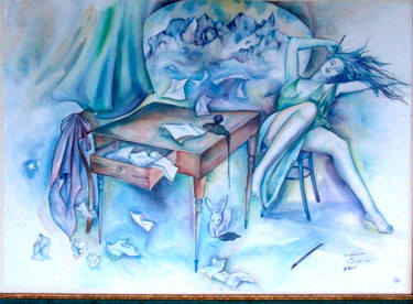 Peinture intitulée "Il tavolo blu" par Lucia Mazzoni, Œuvre d'art originale, Autre