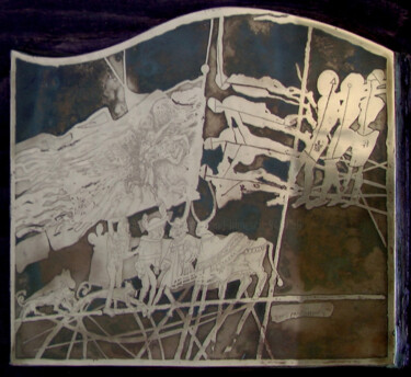 Printmaking titled "Story on a mast" by Lucian Irimescu, Original Artwork, Etching