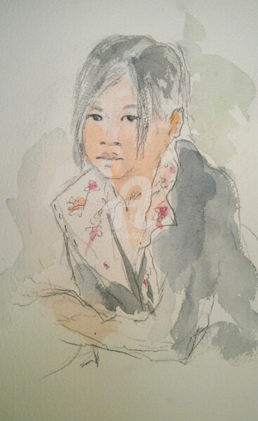 Schilderij getiteld "Petite fille asiati…" door Luciana La Marca, Origineel Kunstwerk, Aquarel
