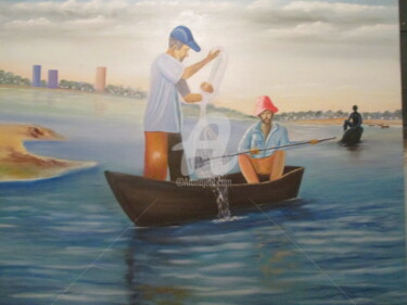 Pittura intitolato "os pescadores do Ri…" da Luciano Bahia, Opera d'arte originale, Olio