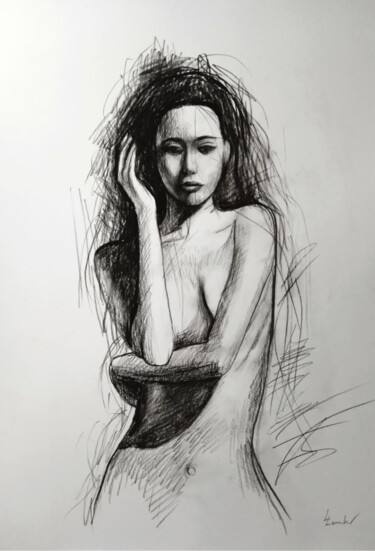 Drawing titled "Goddess N'2" by Luciano Lombardi, Original Artwork, Charcoal