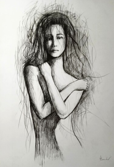 Drawing titled "Goddess N'7" by Luciano Lombardi, Original Artwork, Charcoal