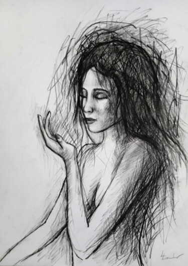 Drawing titled "The Wind girl" by Luciano Lombardi, Original Artwork, Charcoal