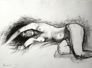 Disegno intitolato "Reclining nude 2" da Luciano Lombardi, Opera d'arte originale, Carbone
