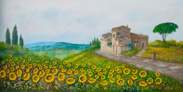 Painting titled "Tuscany sunflowers…" by Luciano Torsi, Original Artwork, Oil Mounted on Wood Stretcher frame