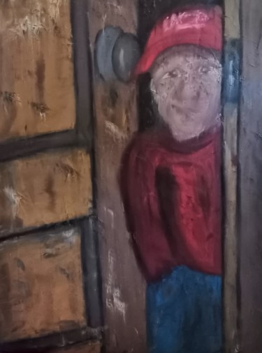 Pintura titulada "O rapaz curioso  (ó…" por Luciano Costa, Obra de arte original, Oleo Montado en Panel de madera