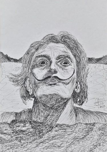 Рисунок под названием "Salvador Dali (cane…" - Luciano Costa, Подлинное произведение искусства, Гелевая ручка