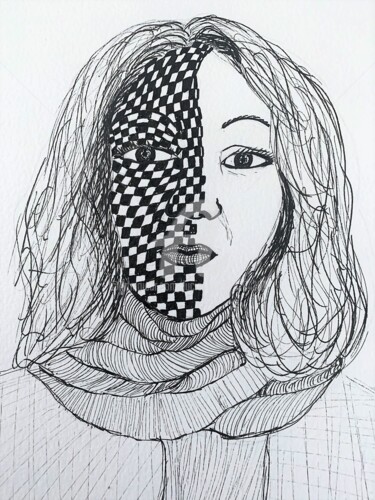 Drawing titled "Autoportrait Lucie" by Lucie Giglio, Original Artwork, Ink