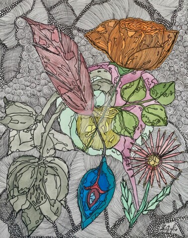 Drawing titled "Composition florale…" by Lucie Giglio, Original Artwork, Ink