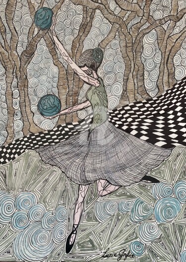 Dessin intitulée "La danseuse masquée" par Lucie Giglio, Œuvre d'art originale, Aquarelle