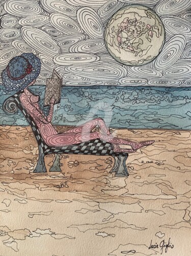 Dessin intitulée "Détente à la plage" par Lucie Giglio, Œuvre d'art originale, Aquarelle