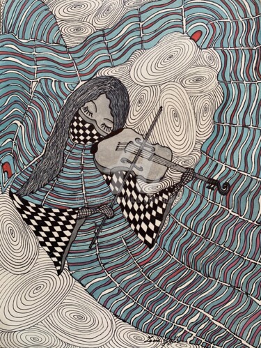 Dessin intitulée "La sirène au violon" par Lucie Giglio, Œuvre d'art originale, Aquarelle