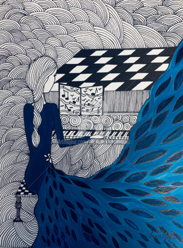 Drawing titled "La pianiste en bleue" by Lucie Giglio, Original Artwork, Watercolor