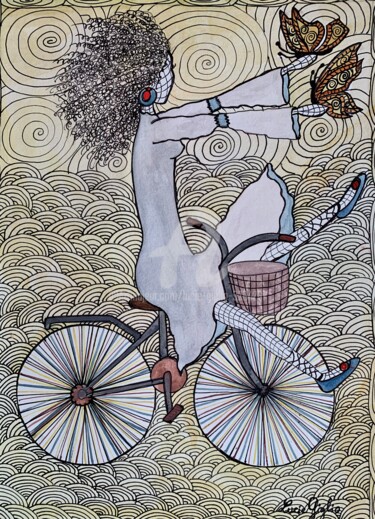 Dessin intitulée "A bicyclette !" par Lucie Giglio, Œuvre d'art originale, Aquarelle