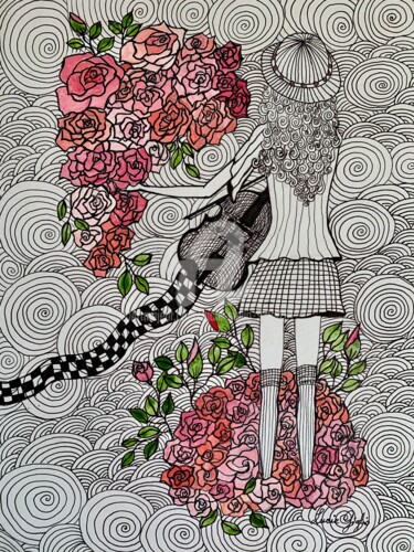 Dibujo titulada "Quand les roses" por Lucie Giglio, Obra de arte original, Acuarela