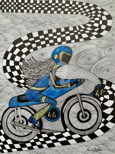 Dibujo titulada "La femme à la moto" por Lucie Giglio, Obra de arte original, Acuarela