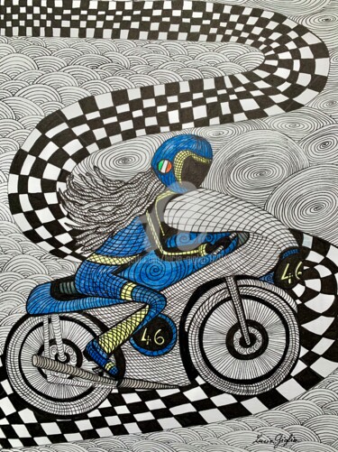 Drawing titled "La femme à la moto" by Lucie Giglio, Original Artwork, Watercolor