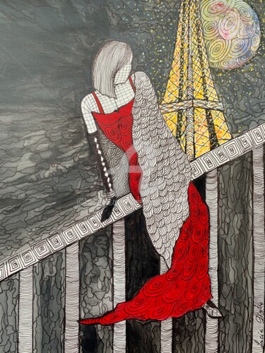 Desenho intitulada "La Parisienne" por Lucie Giglio, Obras de arte originais, Aquarela