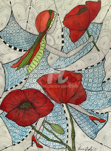 Drawing titled "Gentil coquelicot" by Lucie Giglio, Original Artwork, Watercolor