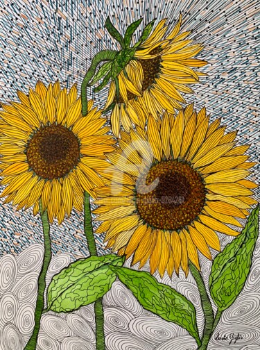Drawing titled "Les tournesols" by Lucie Giglio, Original Artwork, Watercolor