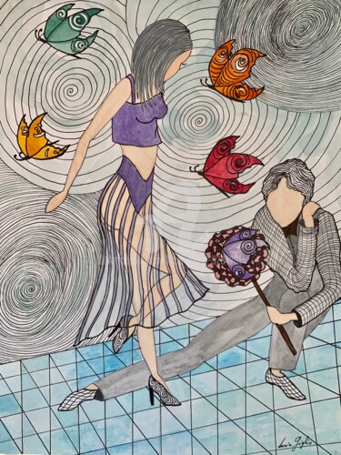 Рисунок под названием "L’effet Papillon" - Lucie Giglio, Подлинное произведение искусства, Акварель