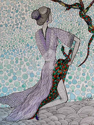 Dibujo titulada "Charmeuse de serpen…" por Lucie Giglio, Obra de arte original, Acuarela