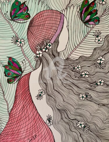 Tekening getiteld "Madame Butterfly" door Lucie Giglio, Origineel Kunstwerk, Aquarel