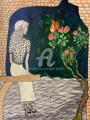 Σχέδιο με τίτλο "L’oiseau offrant un…" από Lucie Giglio, Αυθεντικά έργα τέχνης, Ακουαρέλα