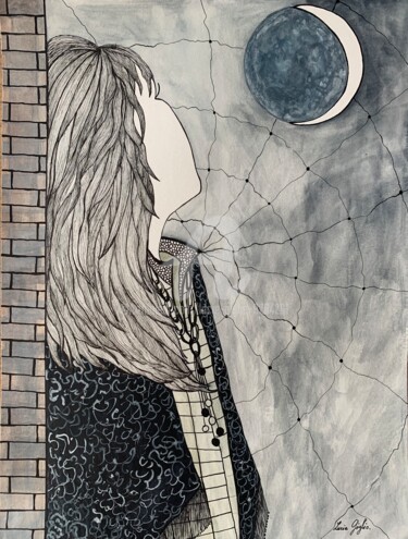 Desenho intitulada "FLY ME TO THE MOON" por Lucie Giglio, Obras de arte originais, Aquarela