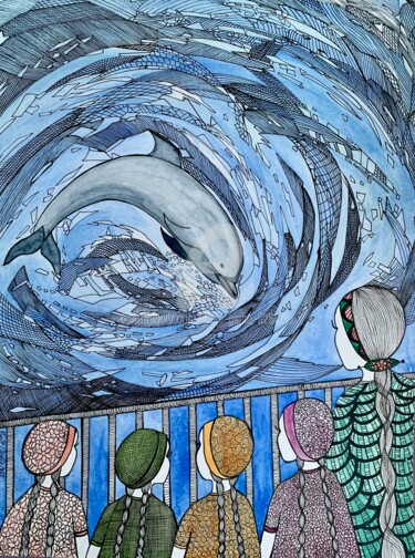 Dessin intitulée "Le dauphin qui parl…" par Lucie Giglio, Œuvre d'art originale, Aquarelle