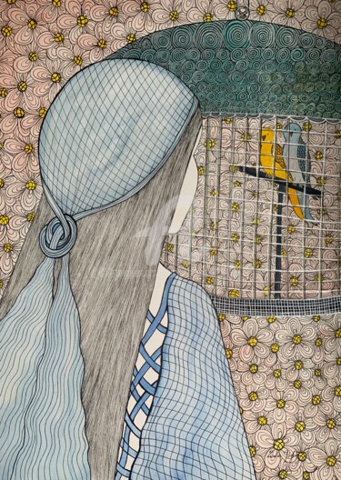 Drawing titled "Ouvrez la cage aux…" by Lucie Giglio, Original Artwork, Watercolor